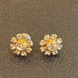 Vintage Gold Tone Clear Rhinestone Cluster Flower Stud Earrings